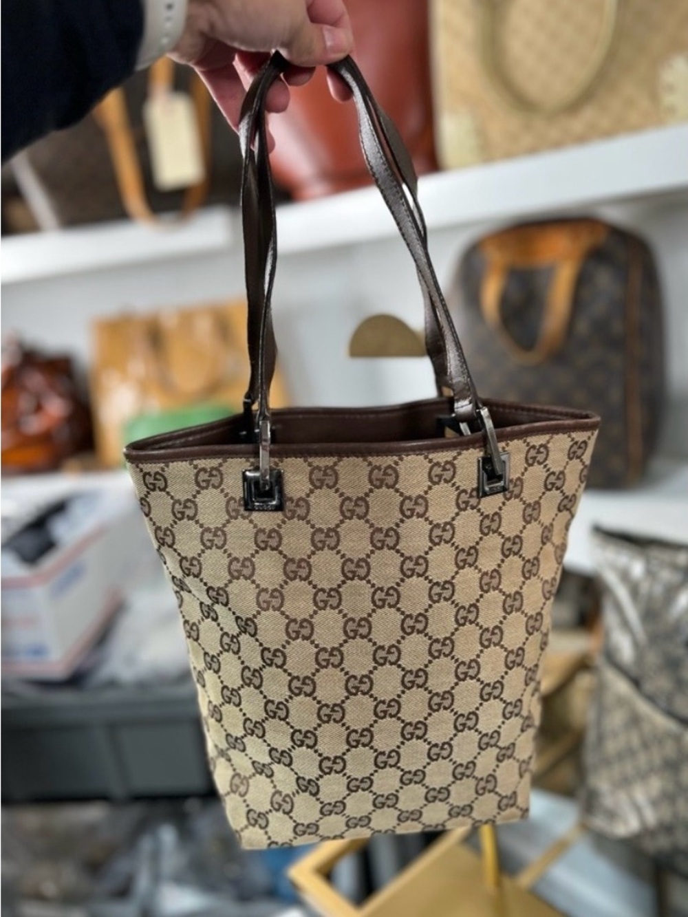 Gucci Brown GG Canvas Tote with Dark Brown Leather Trim